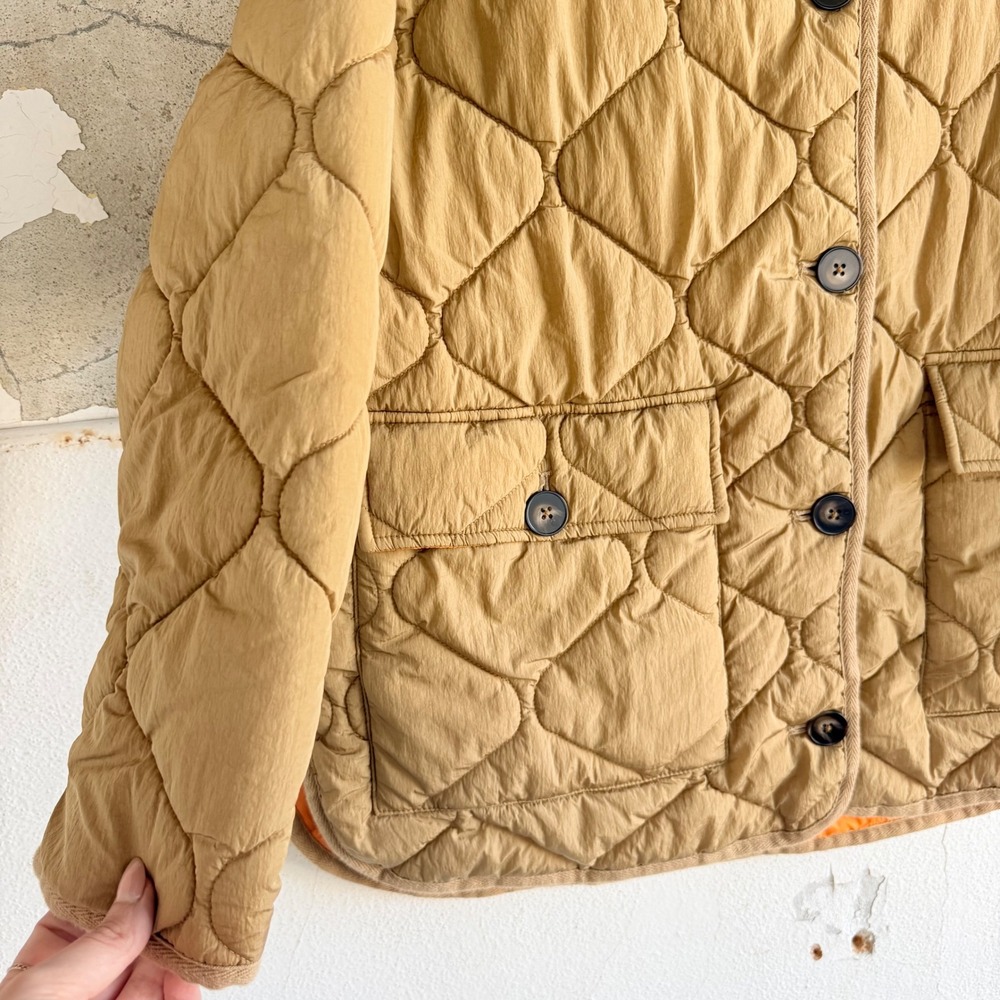 Zara Quilted Jacket Tan Khaki Oversized Button Up Puffer Liner Coat Womens S - Picture 4 of 9